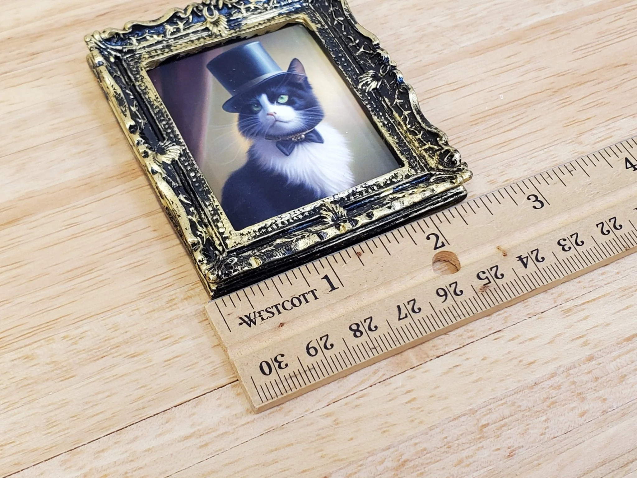 Miniature Tuxedo Cat Framed Print with Top Hat Bow Tie 1:12 Scale Miniature Picture - Image 5