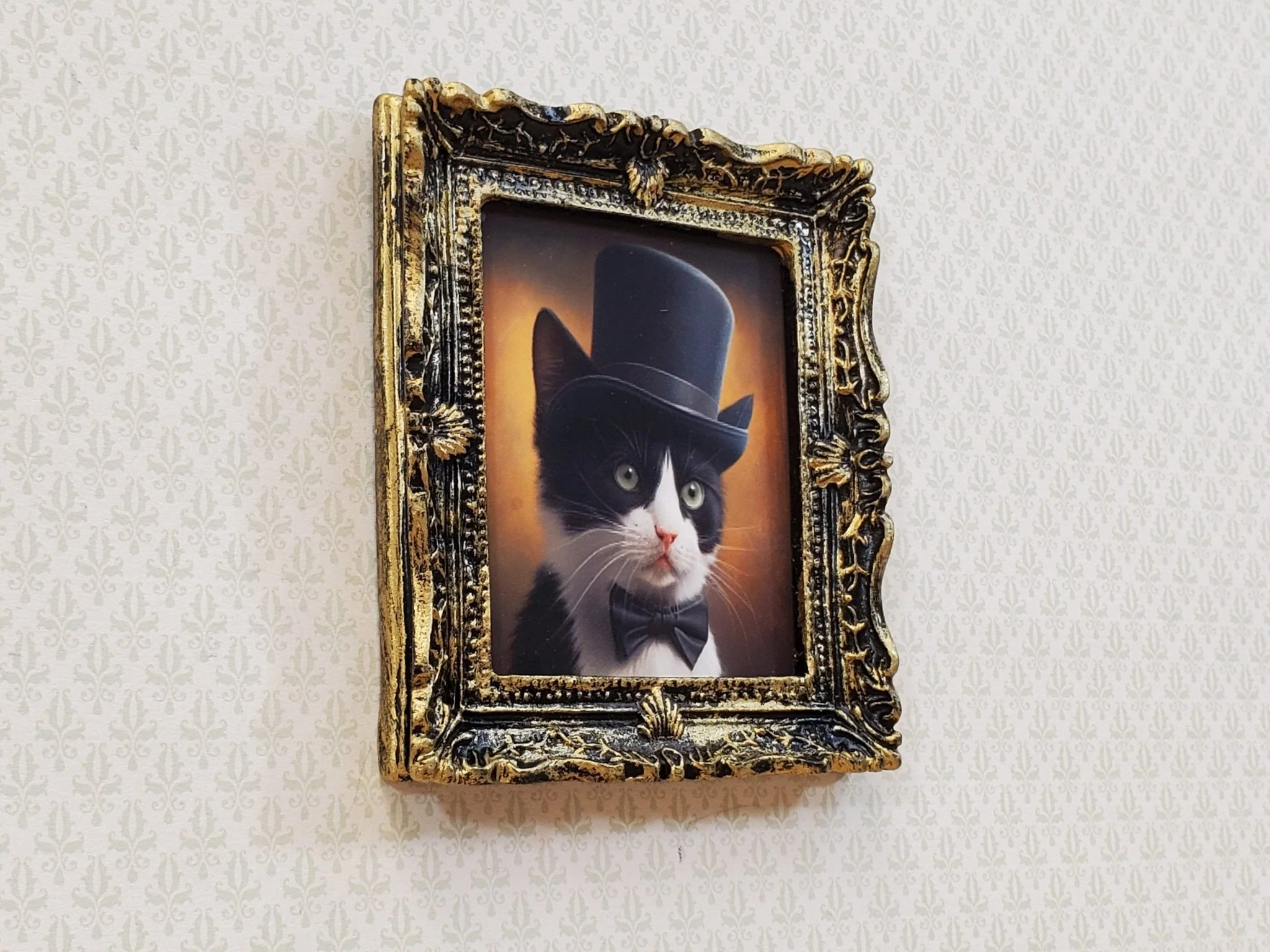 Miniature Tuxedo Cat Profile Framed Print with Top Hat Bow Tie 1:12 Scale Miniature Picture - Image 2