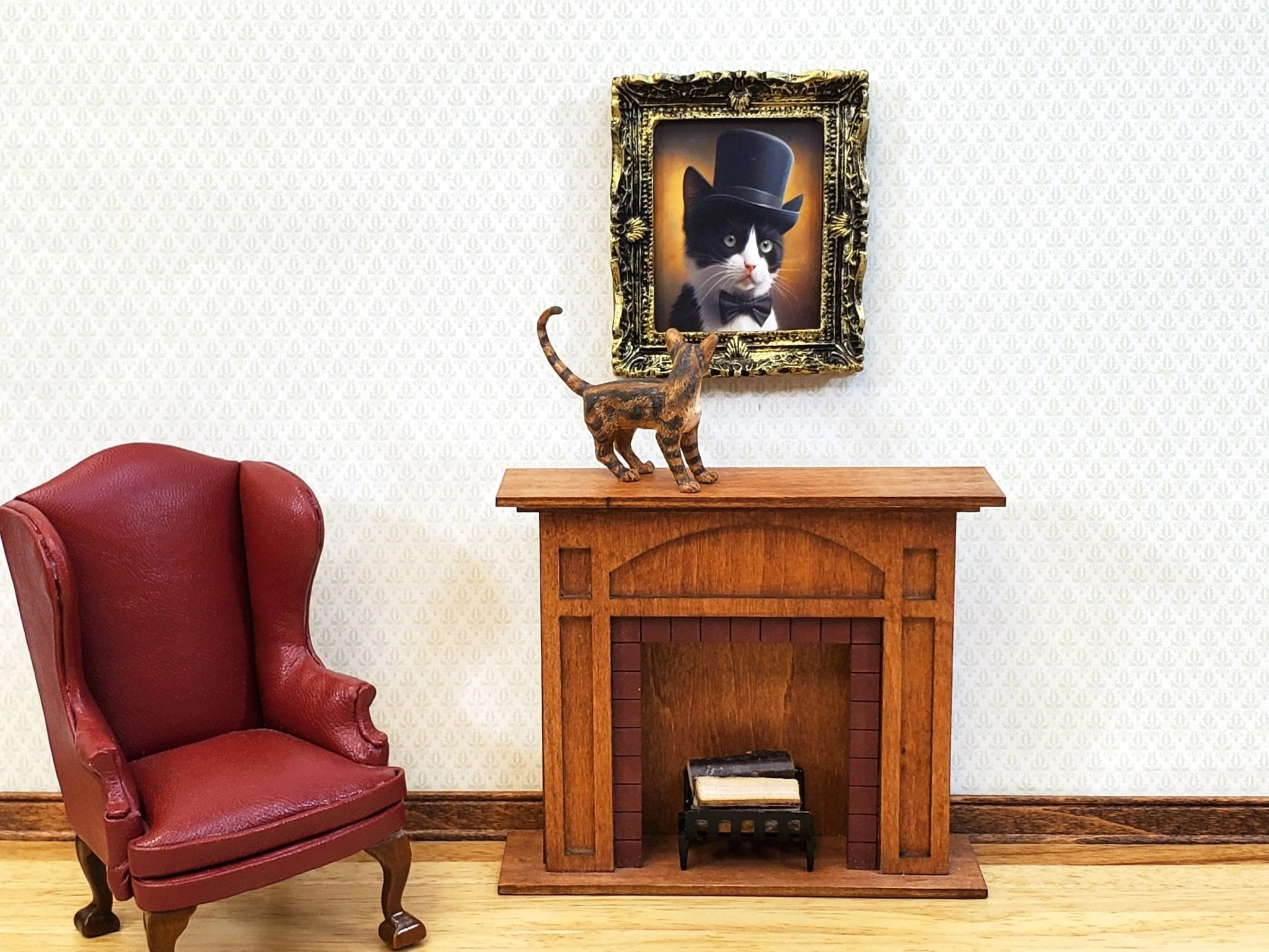 Miniature Tuxedo Cat Profile Framed Print with Top Hat Bow Tie 1:12 Scale Miniature Picture - Image 3