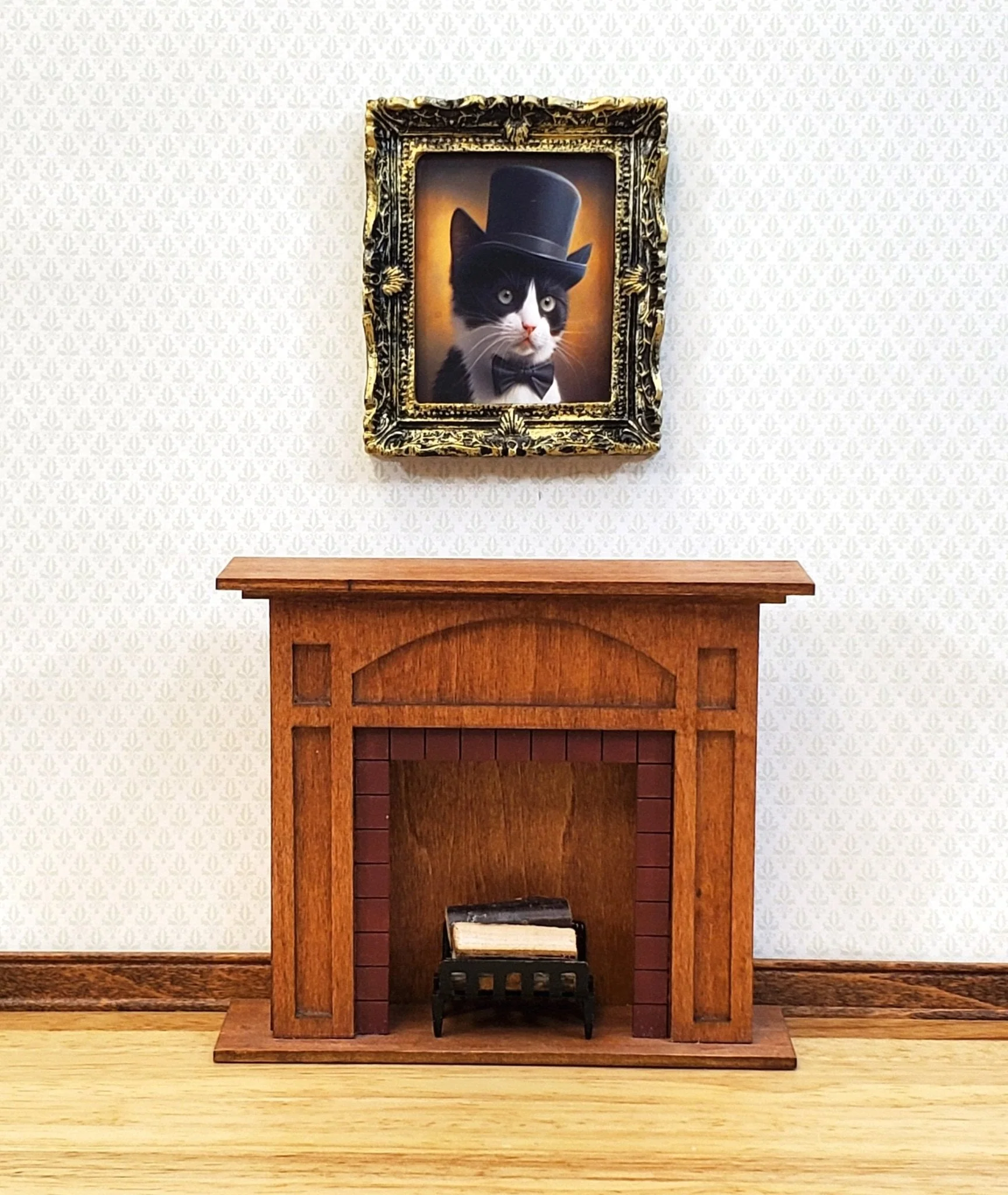 Miniature Tuxedo Cat Profile Framed Print with Top Hat Bow Tie 1:12 Scale Miniature Picture - Image 4