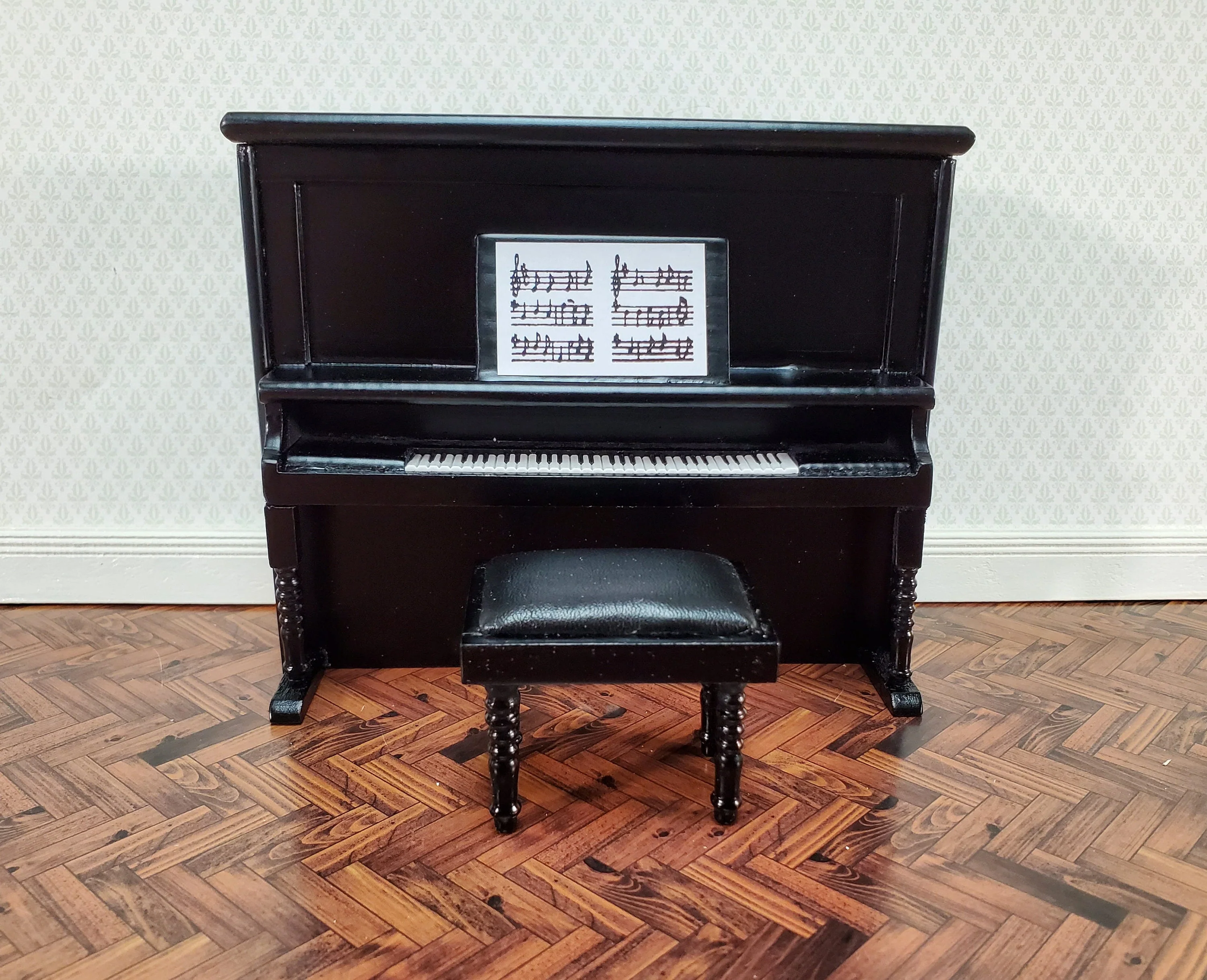 Miniature Upright Piano with Bench Seat Wood 1:12 Scale Dollhouse Black Finish