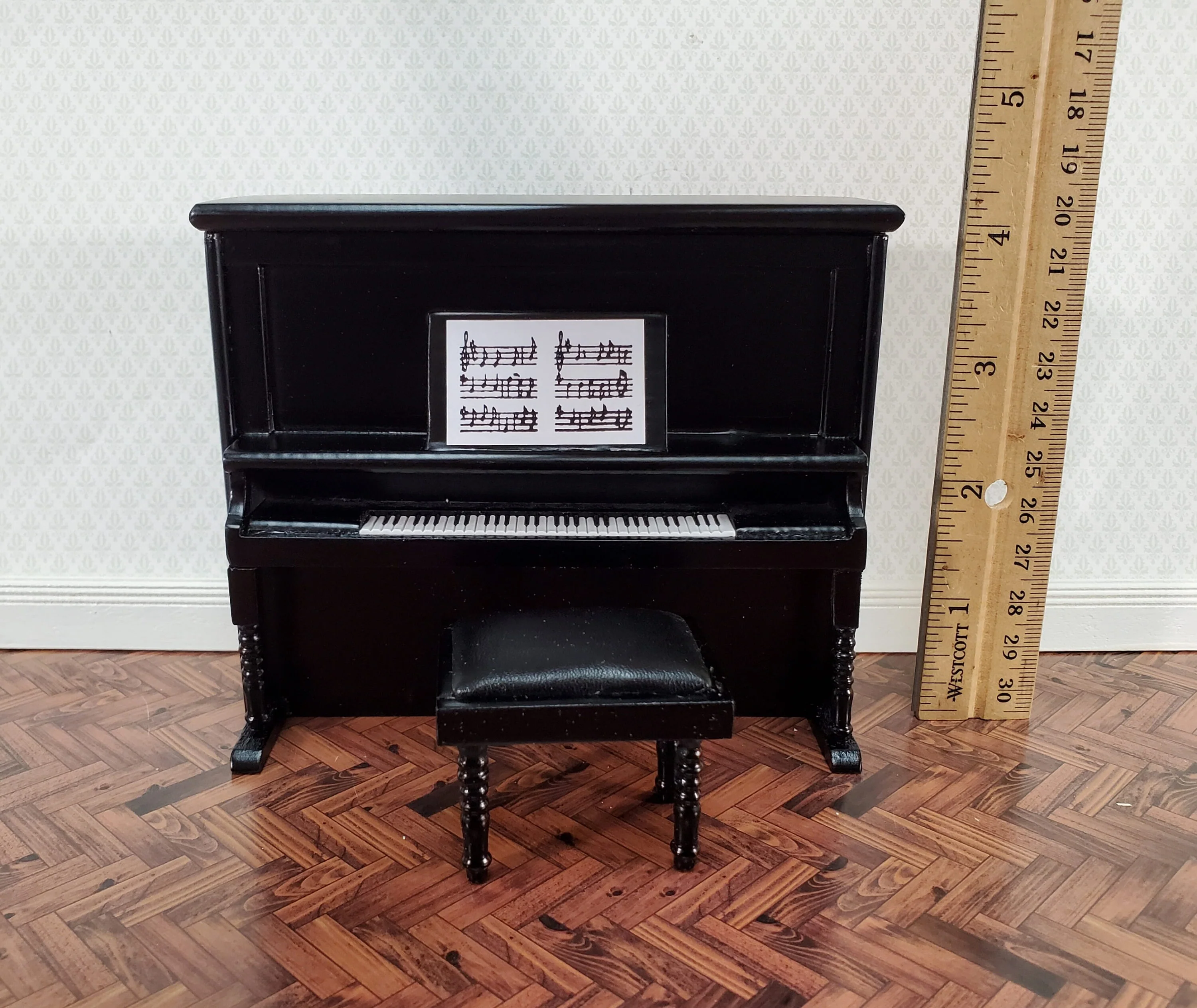 Miniature Upright Piano with Bench Seat Wood 1:12 Scale Dollhouse Black Finish - Image 5