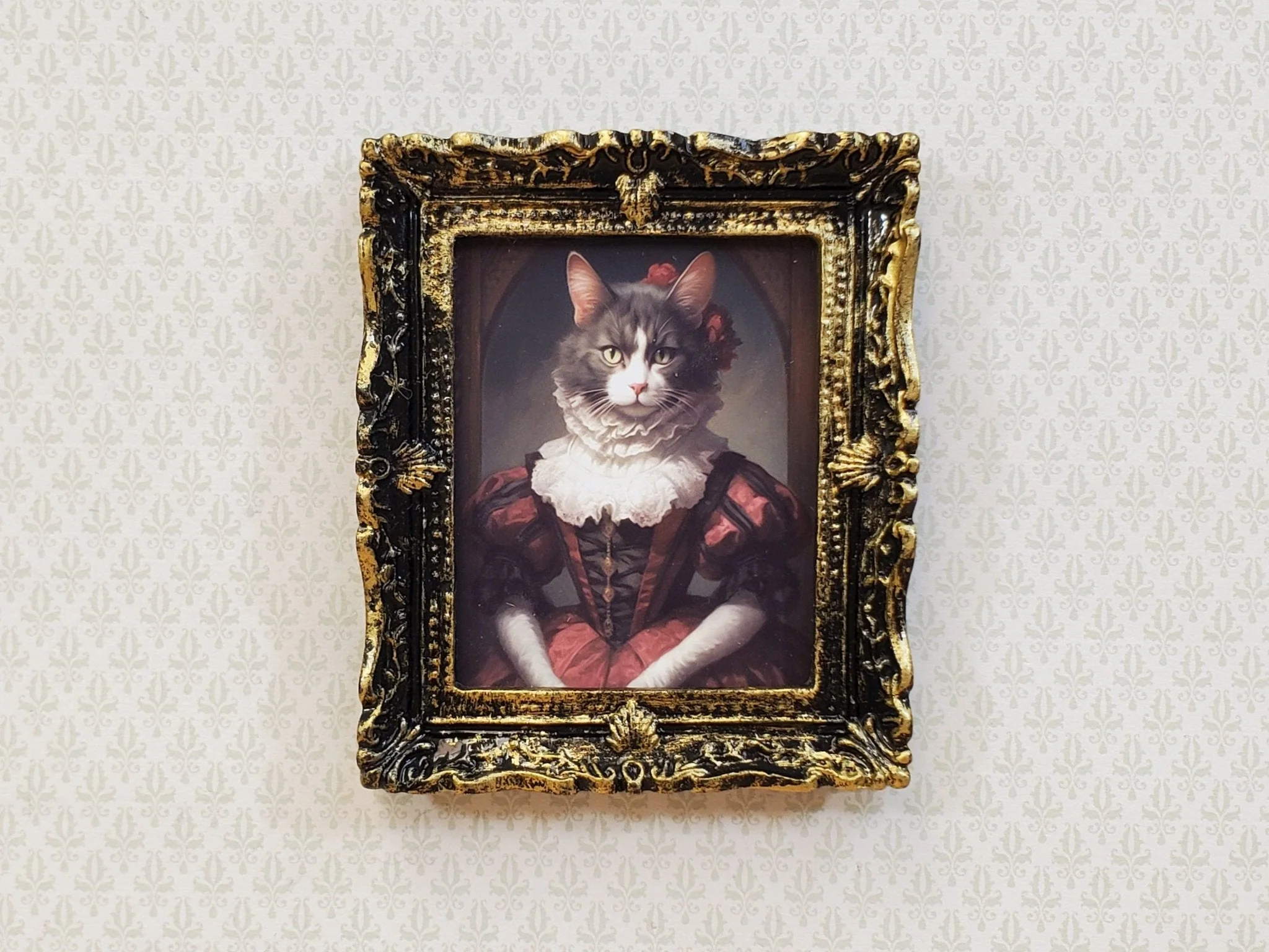 Miniature Victorian Cat Framed Print Gray White Fur 1:12 Scale Miniature Picture