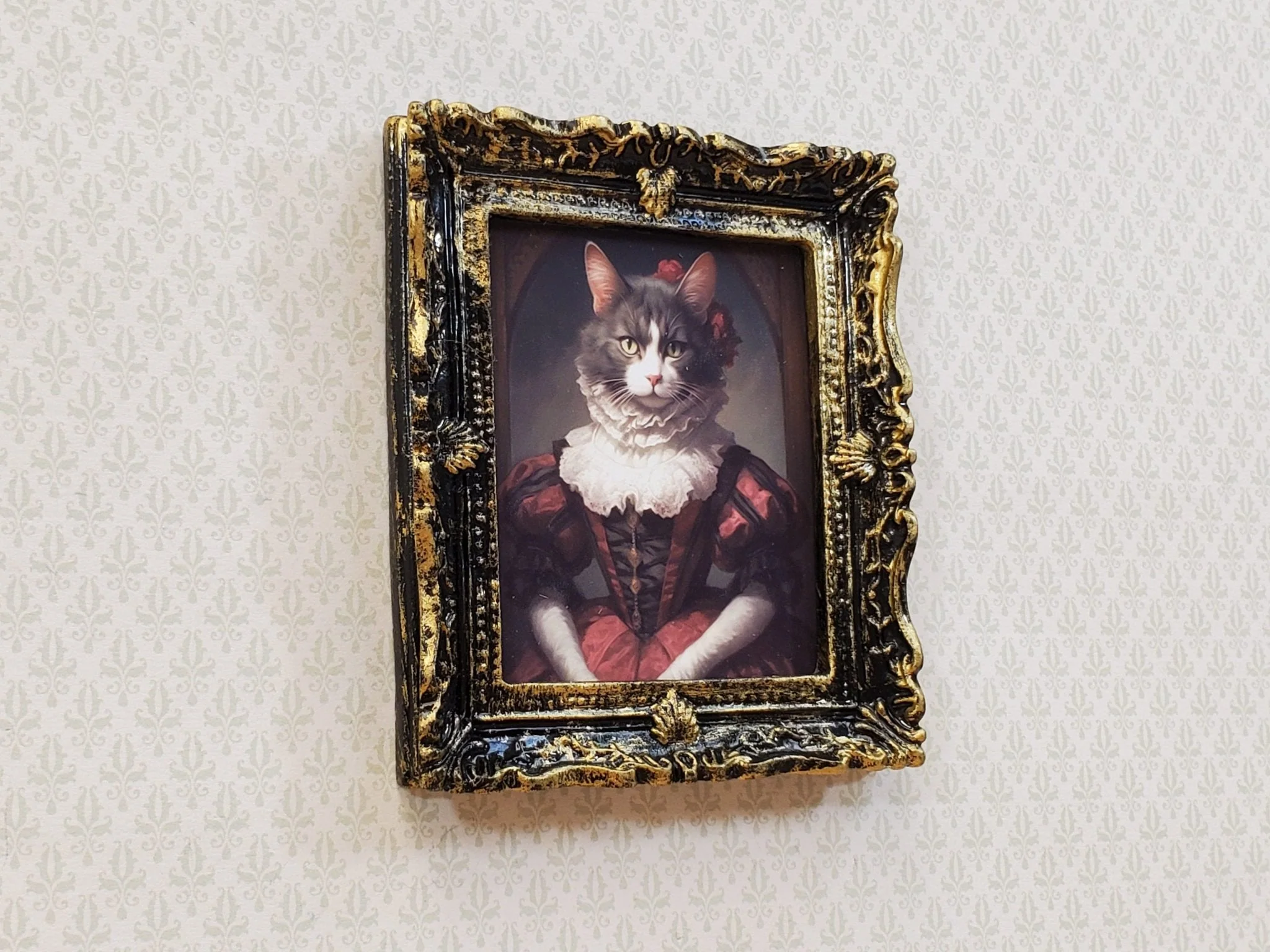 Miniature Victorian Cat Framed Print Gray White Fur 1:12 Scale Miniature Picture - Image 2