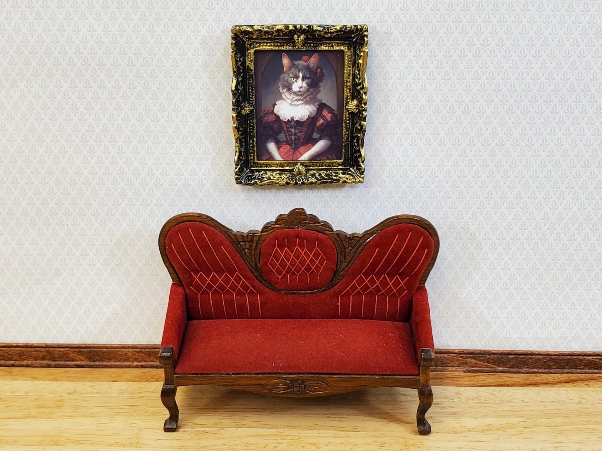 Miniature Victorian Cat Framed Print Gray White Fur 1:12 Scale Miniature Picture - Image 3