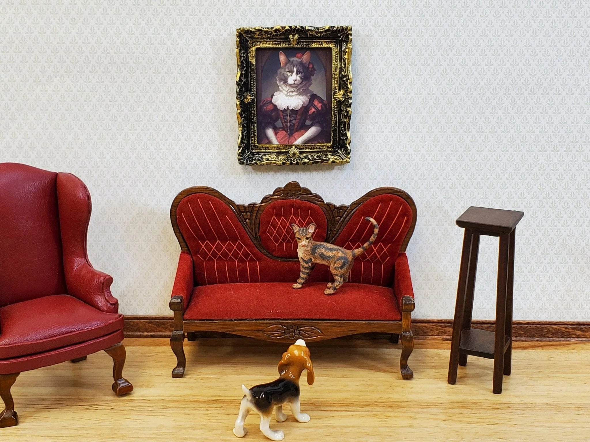Miniature Victorian Cat Framed Print Gray White Fur 1:12 Scale Miniature Picture - Image 4