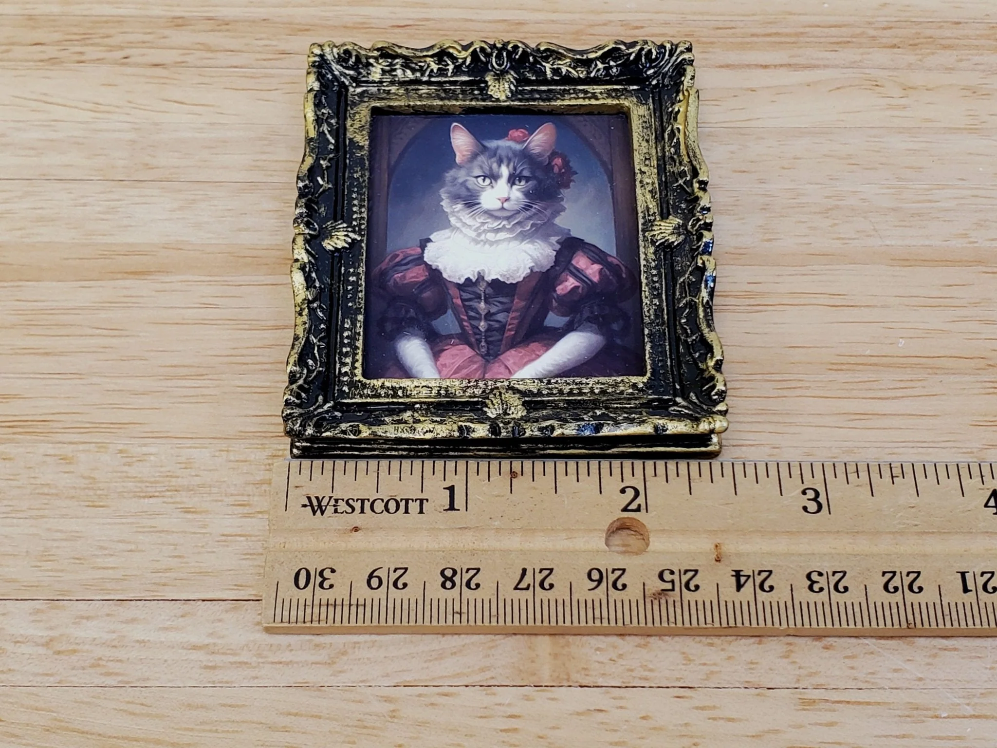 Miniature Victorian Cat Framed Print Gray White Fur 1:12 Scale Miniature Picture - Image 5