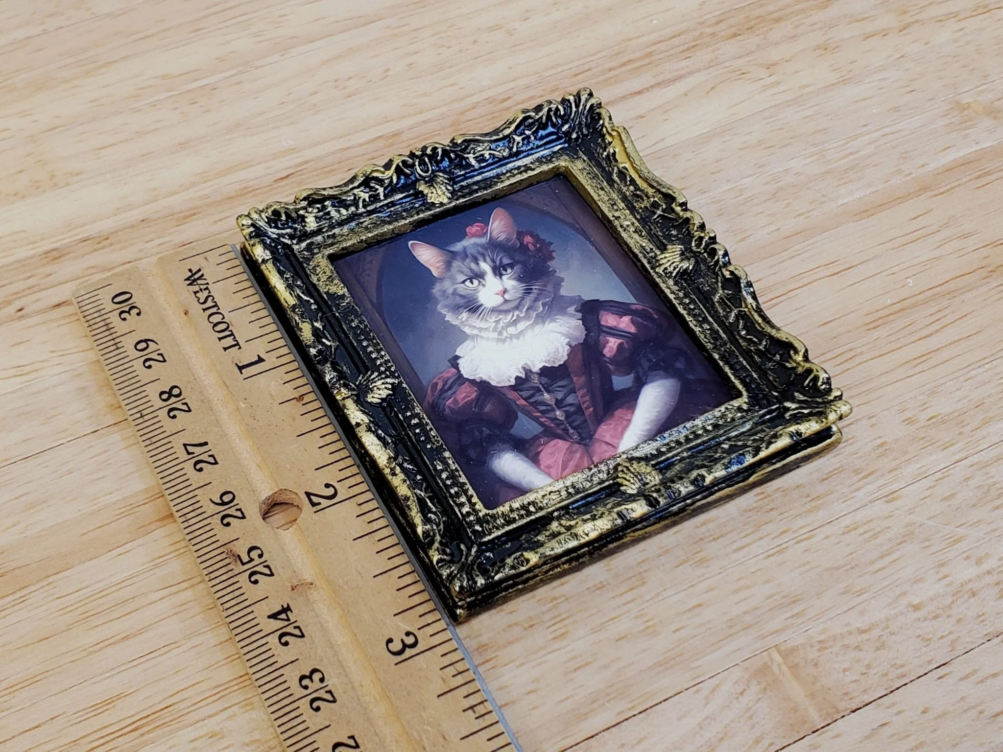 Miniature Victorian Cat Framed Print Gray White Fur 1:12 Scale Miniature Picture - Image 6