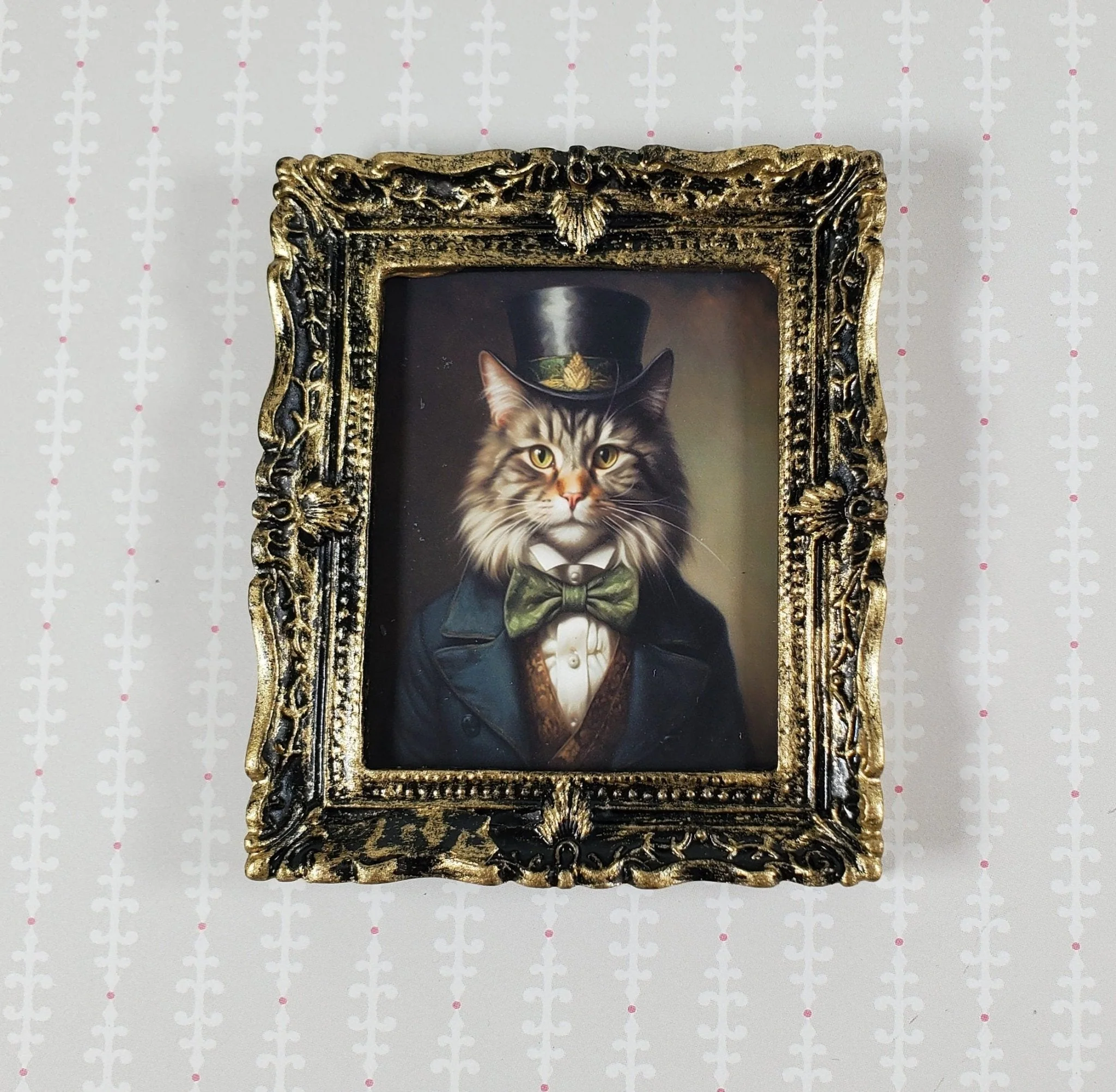Miniature Victorian Cat Male Framed Print Gray White Fur 1:12 Scale Picture