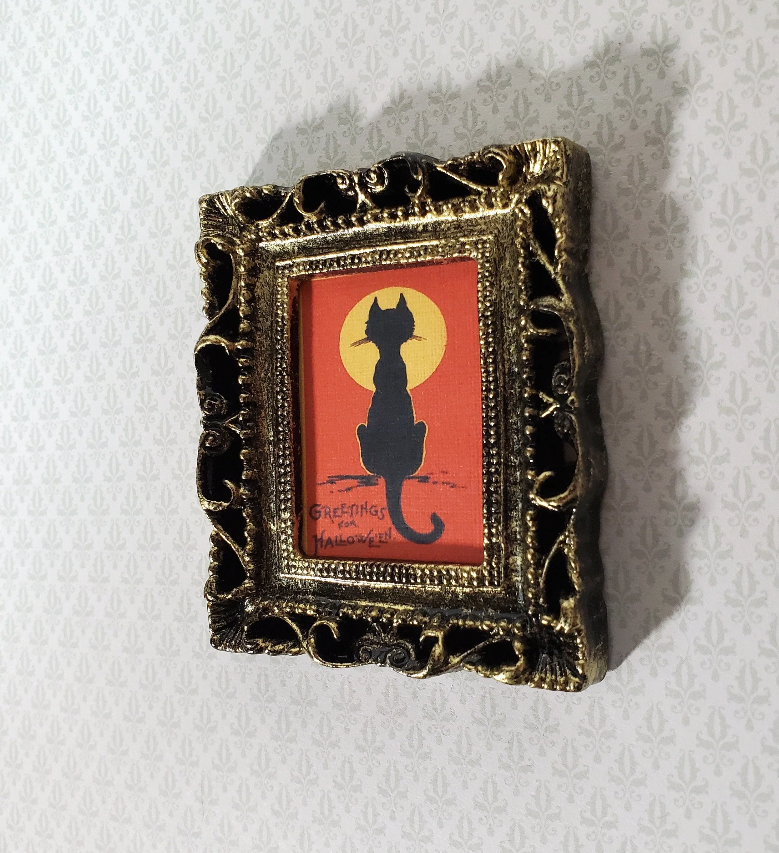 Miniature Vintage Black Cat with Moon Halloween Framed Print 1:12 Scale Witch House - Image 2