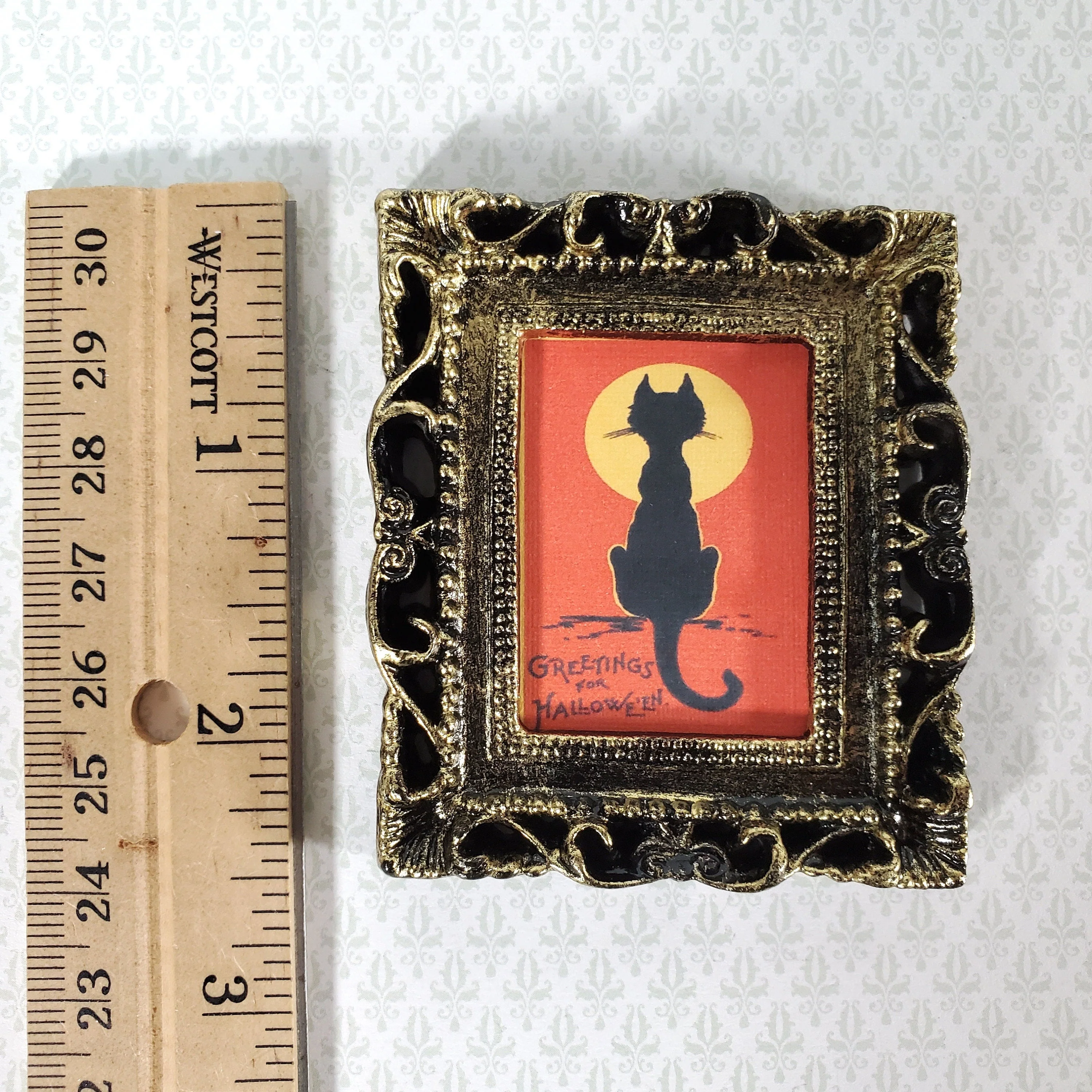 Miniature Vintage Black Cat with Moon Halloween Framed Print 1:12 Scale Witch House - Image 4