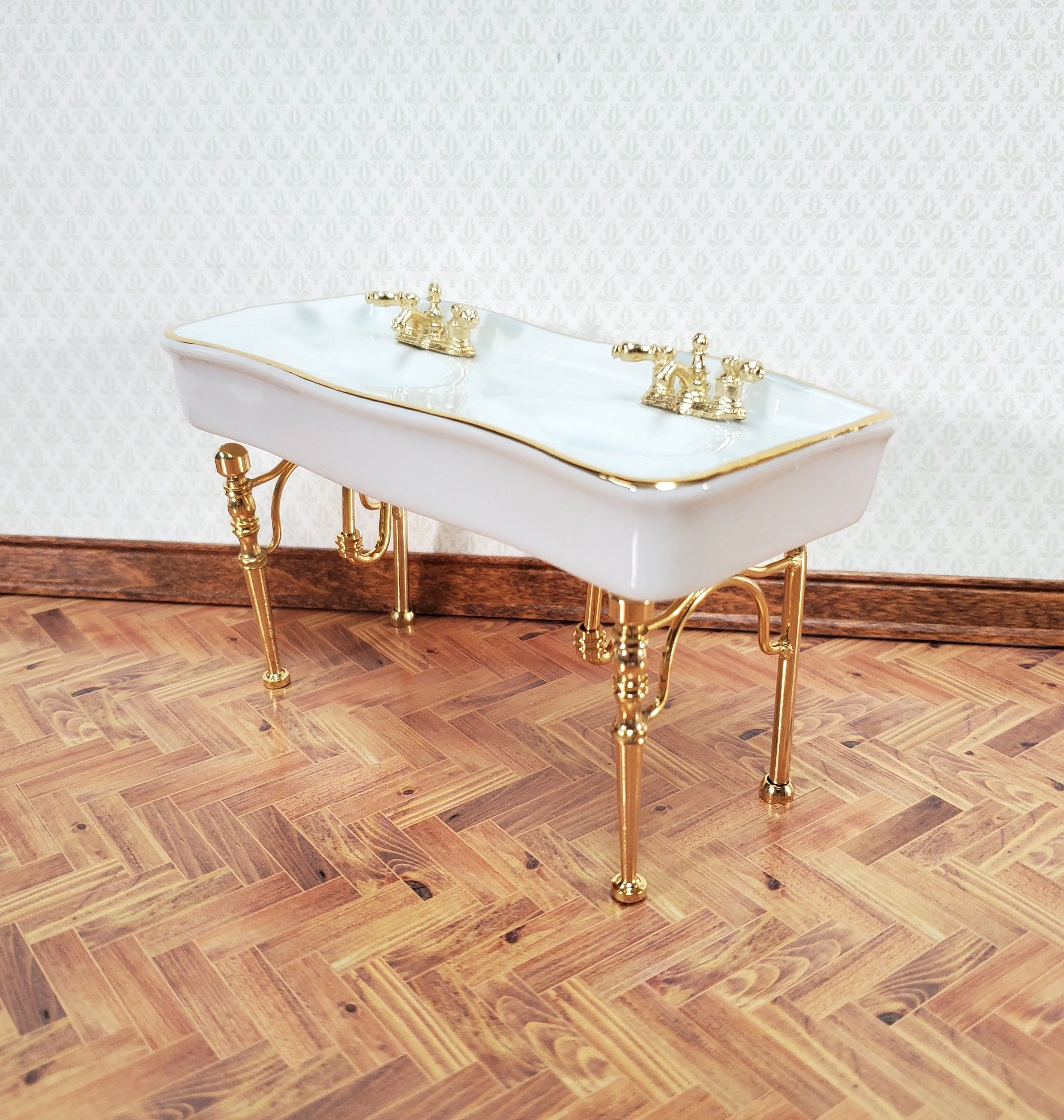 Reutter Porcelain Dollhouse Double Sink White Gold Bathroom 1:12 Scale Miniature - Image 2
