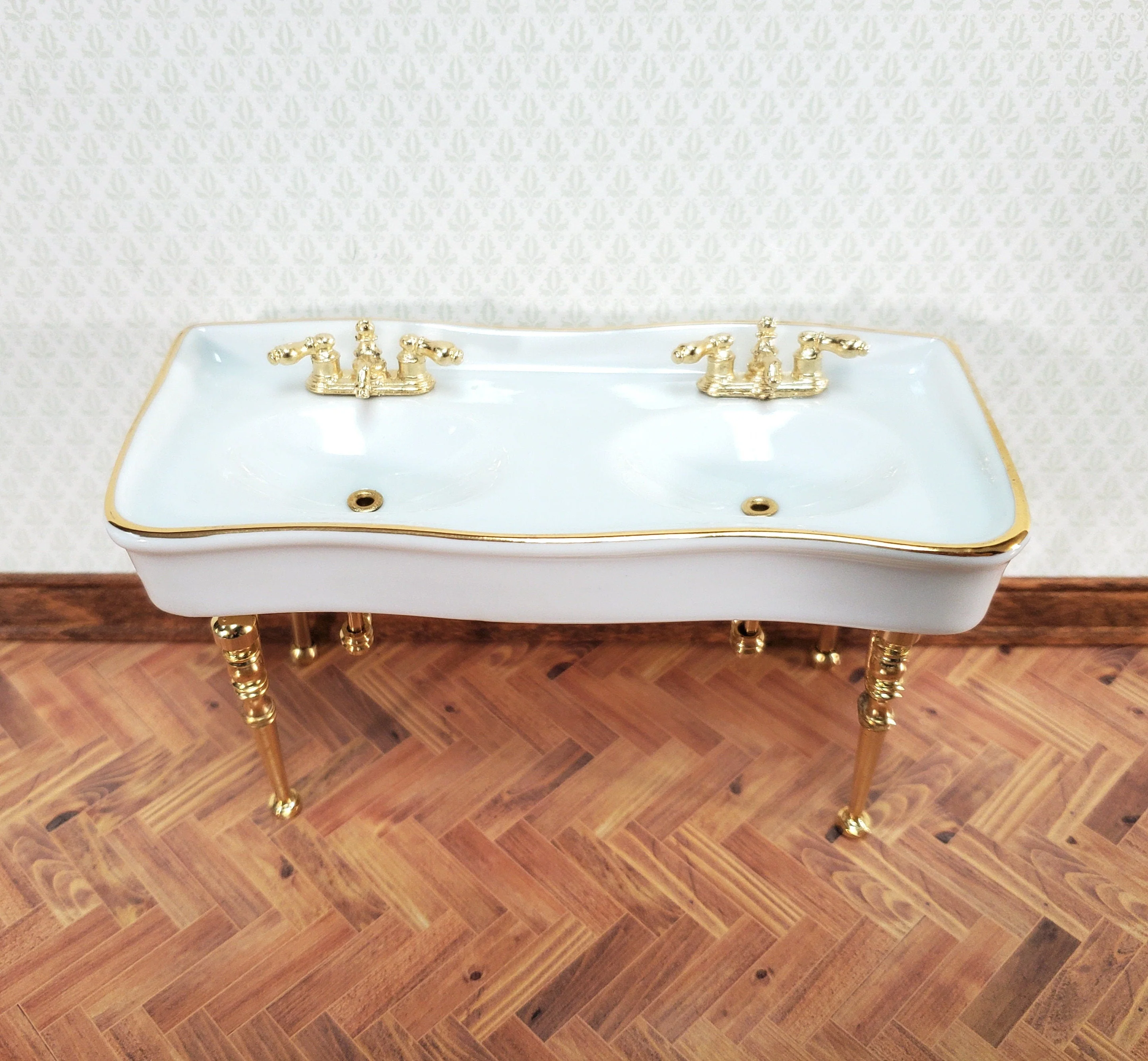 Reutter Porcelain Dollhouse Double Sink White Gold Bathroom 1:12 Scale Miniature - Image 3