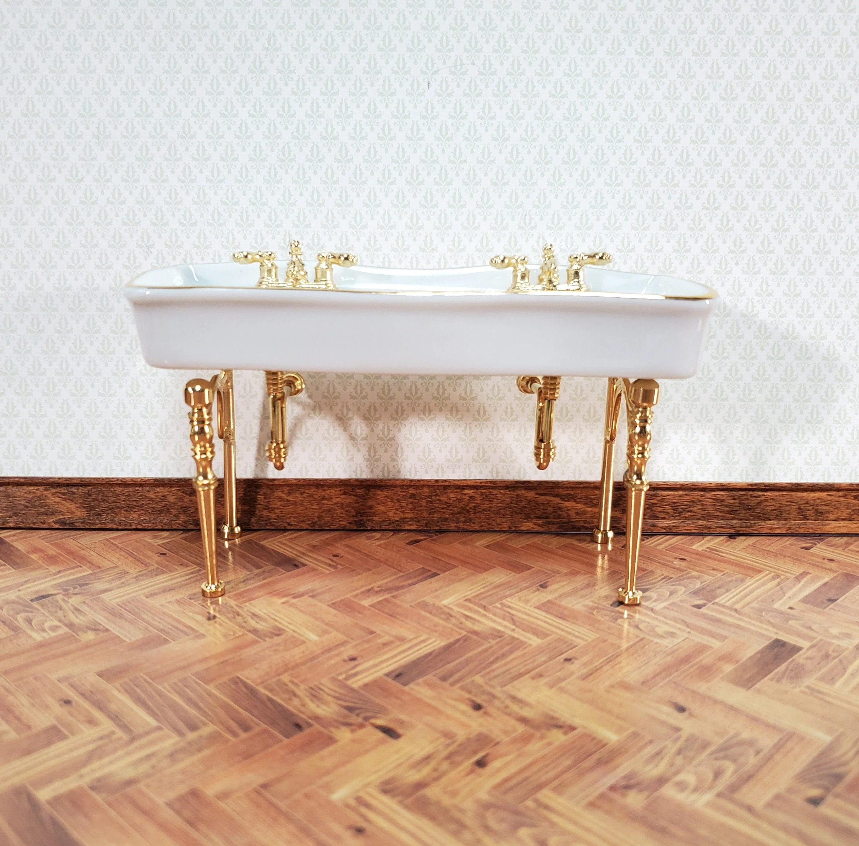 Reutter Porcelain Dollhouse Double Sink White Gold Bathroom 1:12 Scale Miniature - Image 4